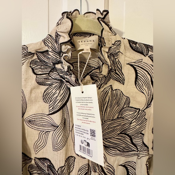 Sezane Cendrine Shirt Ecru With Black Embroidered Flowers - Size 8 - Picture 2 of 6